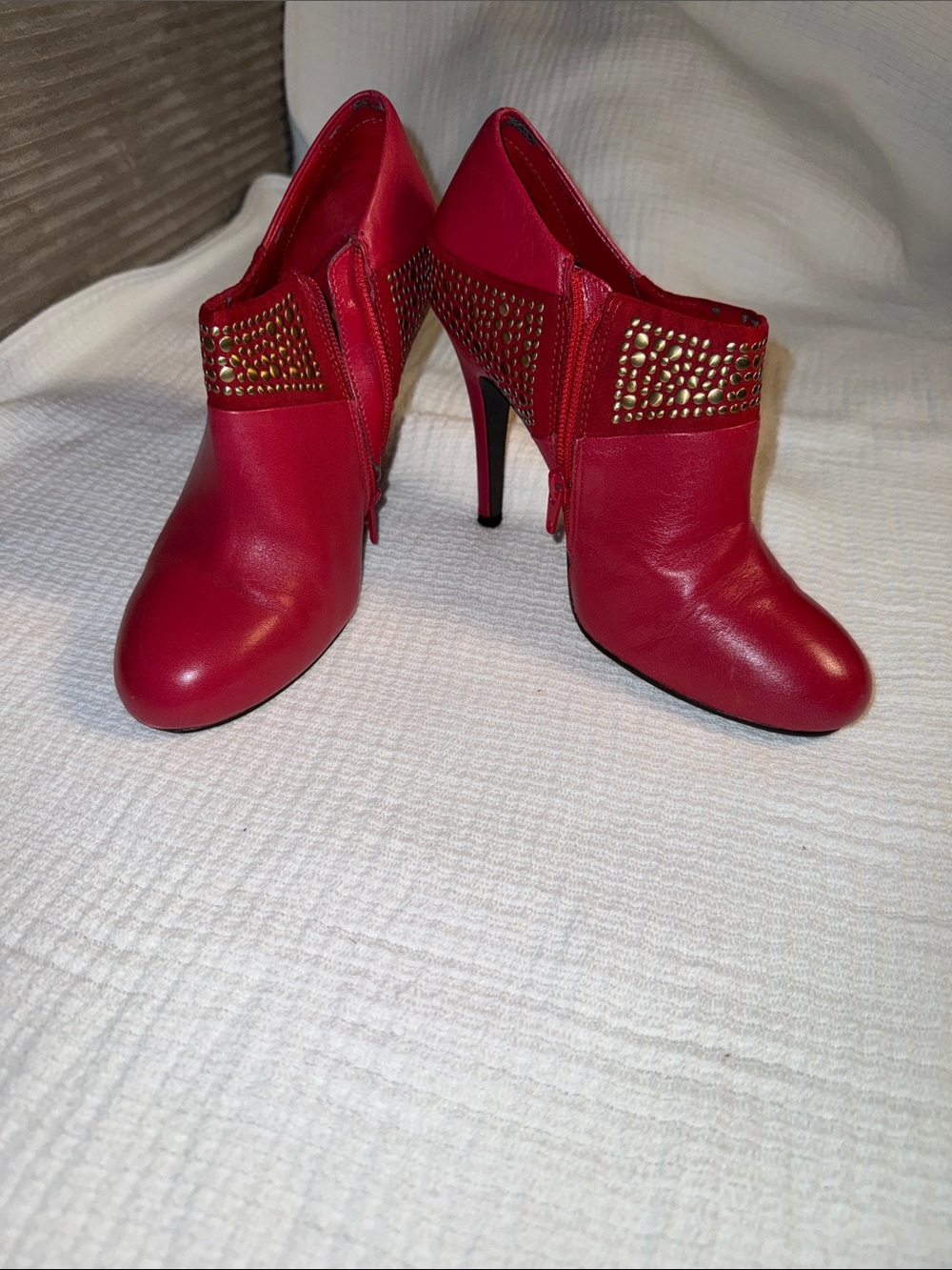ABS Allen Schwartz Red Studded Stiletto Ankle Boots